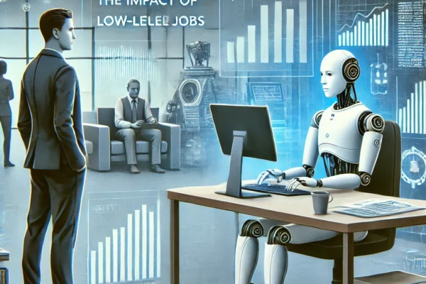 the impact of AI on low-level jobs. The image should show a futuristic office setting where a humanoid robot is sitting at