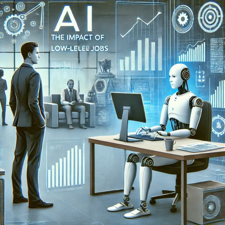 the impact of AI on low-level jobs. The image should show a futuristic office setting where a humanoid robot is sitting at